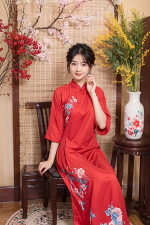 masterpiece, best quality, 1girl, solo, short hair, black hair, sitting, indoors, chair, floral print, table, plant, holding hand fan, red aodai,aodaicuoi, smile, holdinghands