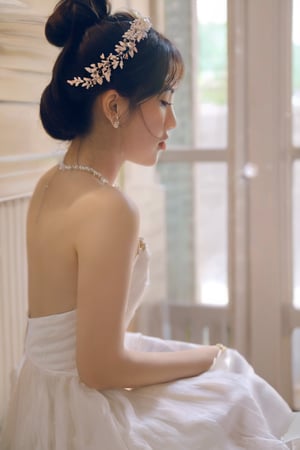 1 vietnamese girl, solo, black hair, hair ornament, dress, holding, jewelry, sitting, flower, earrings, indoors, necklace, hair bun, white dress, tiara