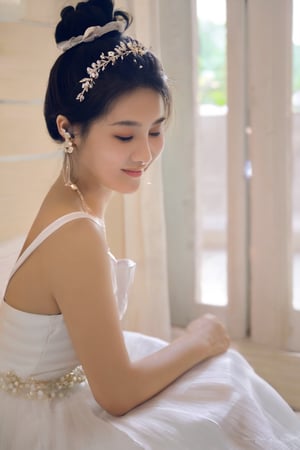 1 vietnamese girl, solo, black hair, hair ornament, dress, holding, jewelry, sitting, flower, earrings, indoors, necklace, hair bun, white dress, tiara, smile, open eyes
