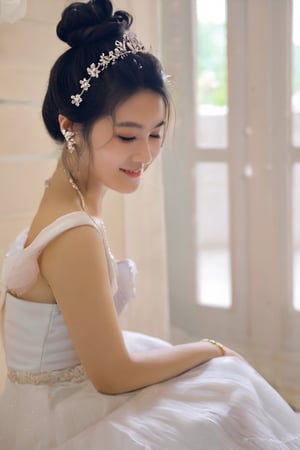 1 vietnamese girl, solo, black hair, hair ornament, dress, holding, jewelry, sitting, flower, earrings, indoors, necklace, hair bun, white dress, tiara, smile 