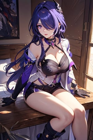 (masterpiece:1.2), best quality, high resolution, unity 8k wallpaper, perfect lighting, extremely detailed CG, (perfect hands, perfect anatomy), Cute, beautiful, charming lady, shiny hair, lustrous skin, milf, married woman, soft With a gentle appearance and a gentle mother-like atmosphere,, acheron_a, long hair, purple hair, bangs, hair over one eye, purple eyes, large breasts, cleavage, hair ornament, earrings, jacket, asymmetrical sleeve, gloves, black shorts, boots, single thighhigh boot, asymmetrical footwear,, , purple  eyes, one eye covered by hair,shine eyes01,acheronhsr