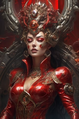 Create an astonishingly realistic and ultra-high-resolution depiction of a royal demon queen in the midst of a mechanic world. The image should exude an aura of both regal elegance and sinister power, transporting the viewer to a realm where technology meets the supernatural.

The details must be ultra-precise and impeccably clear, capturing the essence of every element. Her face, a masterpiece of ultra-quality craftsmanship, embodies her dual nature. The intricate patterns of her red mechanic majestic crown should shine forth, an emblem of her dominion over both demons and machines. Her big, glowing red eye balls should possess an otherworldly intensity, hinting at the formidable power she wields.

Render her body in exquisite ultra resolution, showcasing the fusion of her demon heritage and cybernetic enhancements. Clad in a sophisticated red armor adorned with intricate mechanical motifs, she wears a flowing cloak that adds an air of mystique to her presence. Her form is a testament to her beauty and strength, with curves that emphasize both her allure and her physical prowess.

Her red skin and hair, each strand meticulously detailed, evoke a sense of otherworldly grandeur. Metal claws extend from her fingers, their textures reflecting both elegance and lethality. Hints of dried blood on her face and body hint at her unyielding thirst for power and dominance.

Her short hair frames her face with a touch of defiance, and her evil eyes burn with a furious intensity. She wears an expression of controlled anger, a reflection of her bloodthirsty nature and unwavering determination.

The backdrop should convey the mechanic world's brilliance, with bright lights and intricate machinery creating an atmosphere of awe and wonder. Yet, there should also be an underlying sense of darkness, hinting at the queen's malevolent influence.

This portrait transcends mere imagery; it's a testament to the interplay between darkness and splendor, dominance and allure. The combination of her demon heritage and technological prowess should be executed with unparalleled creativity, leaving viewers captivated by her commanding presence, xxmix_girl