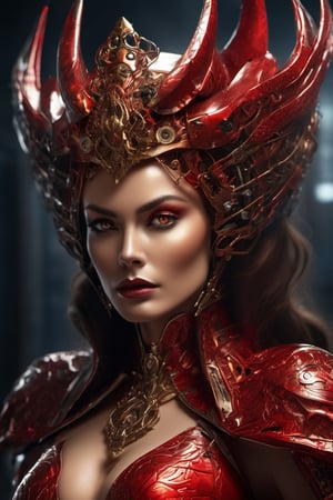 Create an astonishingly realistic and ultra-high-resolution depiction of a royal demon queen in the midst of a mechanic world. The image should exude an aura of both regal elegance and sinister power, transporting the viewer to a realm where technology meets the supernatural.

The details must be ultra-precise and impeccably clear, capturing the essence of every element. Her face, a masterpiece of ultra-quality craftsmanship, embodies her dual nature. The intricate patterns of her red mechanic majestic crown should shine forth, an emblem of her dominion over both demons and machines. Her big, glowing red eyes should possess an otherworldly intensity, hinting at the formidable power she wields.

Render her body in exquisite ultra resolution, showcasing the fusion of her demon heritage and cybernetic enhancements. Clad in a sophisticated red armor adorned with intricate mechanical motifs, she wears a flowing cloak that adds an air of mystique to her presence. Her form is a testament to her beauty and strength, with curves that emphasize both her allure and her physical prowess.

Her red skin and hair, each strand meticulously detailed, evoke a sense of otherworldly grandeur. Metal claws extend from her fingers, their textures reflecting both elegance and lethality. Hints of dried blood on her face and body hint at her unyielding thirst for power and dominance.

Her short hair frames her face with a touch of defiance, and her evil eyes burn with a furious intensity. She wears an expression of controlled anger, a reflection of her bloodthirsty nature and unwavering determination.

The backdrop should convey the mechanic world's brilliance, with bright lights and intricate machinery creating an atmosphere of awe and wonder. Yet, there should also be an underlying sense of darkness, hinting at the queen's malevolent influence.

This portrait transcends mere imagery; it's a testament to the interplay between darkness and splendor, dominance and allure. The combination of her demon heritage and technological prowess should be executed with unparalleled creativity, leaving viewers captivated by her commanding presence, xxmix_girl,gh3a,Movie Still