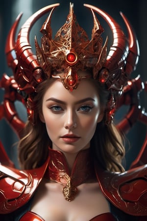 Create an astonishingly realistic and ultra-high-resolution depiction of a royal demon queen in the midst of a mechanic world. The image should exude an aura of both regal elegance and sinister power, transporting the viewer to a realm where technology meets the supernatural.

The details must be ultra-precise and impeccably clear, capturing the essence of every element. Her face, a masterpiece of ultra-quality craftsmanship, embodies her dual nature. The intricate patterns of her red mechanic majestic crown should shine forth, an emblem of her dominion over both demons and machines. Her big, glowing red eyeballs should possess an otherworldly intensity, hinting at the formidable power she wields.

Render her body in exquisite ultra resolution, showcasing the fusion of her demon heritage and cybernetic enhancements. Clad in a sophisticated red armor adorned with intricate mechanical motifs, she wears a flowing cloak that adds an air of mystique to her presence. Her form is a testament to her beauty and strength, with curves that emphasize both her allure and her physical prowess.

Her red skin and hair, each strand meticulously detailed, evoke a sense of otherworldly grandeur. Metal claws extend from her fingers, their textures reflecting both elegance and lethality. Hints of dried blood on her face and body hint at her unyielding thirst for power and dominance.

Her short hair frames her face with a touch of defiance, and her evil eyes burn with a furious intensity. She wears an expression of controlled anger, a reflection of her bloodthirsty nature and unwavering determination.

The backdrop should convey the mechanic world's brilliance, with bright lights and intricate machinery creating an atmosphere of awe and wonder. Yet, there should also be an underlying sense of darkness, hinting at the queen's malevolent influence.

This portrait transcends mere imagery; it's a testament to the interplay between darkness and splendor, dominance and allure. The combination of her demon heritage and technological prowess should be executed with unparalleled creativity, leaving viewers captivated by her commanding presence, xxmix_girl, gh3a, Movie Still,LinkGirl