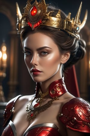 Create an astonishingly realistic and ultra-high-resolution depiction of a royal demon queen in the midst of a mechanic world. The image should exude an aura of both regal elegance and sinister power, transporting the viewer to a realm where technology meets the supernatural.

The details must be ultra-precise and impeccably clear, capturing the essence of every element. Her face, a masterpiece of ultra-quality craftsmanship, embodies her dual nature. The intricate patterns of her red mechanic majestic crown should shine forth, an emblem of her dominion over both demons and machines. Her big, glowing red eyes should possess an otherworldly intensity, hinting at the formidable power she wields.

Render her body in exquisite ultra resolution, showcasing the fusion of her demon heritage and cybernetic enhancements. Clad in a sophisticated red armor adorned with intricate mechanical motifs, she wears a flowing cloak that adds an air of mystique to her presence. Her form is a testament to her beauty and strength, with curves that emphasize both her allure and her physical prowess.

Her red skin and hair, each strand meticulously detailed, evoke a sense of otherworldly grandeur. Metal claws extend from her fingers, their textures reflecting both elegance and lethality. Hints of dried blood on her face and body hint at her unyielding thirst for power and dominance.

Her short hair frames her face with a touch of defiance, and her evil eyes burn with a furious intensity. She wears an expression of controlled anger, a reflection of her bloodthirsty nature and unwavering determination.

The backdrop should convey the mechanic world's brilliance, with bright lights and intricate machinery creating an atmosphere of awe and wonder. Yet, there should also be an underlying sense of darkness, hinting at the queen's malevolent influence.

This portrait transcends mere imagery; it's a testament to the interplay between darkness and splendor, dominance and allure. The combination of her demon heritage and technological prowess should be executed with unparalleled creativity, leaving viewers captivated by her commanding presence, xxmix_girl, gh3a, Movie Still,LinkGirl