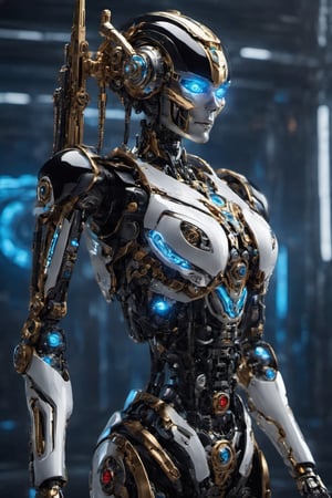 Best quality, masterpiece, ultra high res, (photorealistic:1.37), raw photo, (wide angle shots:1.37), (full body shots:1.38), (1girl:1.38), (hi-tech mechanical make face with blue neon light eyes:1.35), futuristic female cyborg with a tincture for her nose wearing a metral mask, white metallic body, hi-tech biometric glowing,  ((big breast size:1.35)), (black and white metallic color otherwoeldly features and cutting-edge technology:1.35), teats、cyberpunked、Ultra-shiny ultra-hard Transformers cyborg body、((neon light translucent from join:1.34)), (Storing weapons in the body:1.33)、black and red ratio ratio、face perfect, cleavage showing Superhero costume with intricate details, sensual pose, dynamic lighting, in the dark, deep shadow, low key, Tied waist、Colossal tits、(Ultra-shiny black and white colored titanium cyborg body covering the body:1.5)、((machine made joints:1.33)), ((machanical limbs)), ((mechanical cervial attaching to neck)), (wires and cables attaching to neck:1.33), (wires and cables on head:1.33), (character focus), science fiction, extreme detailed, highest detailed, perfect foot、perfect hand、Clean facial skin, A futuristic, depth of fields, reflective light, retinas, , awardwinning, hight resolution, cinematic image, (dynamic lighting to body:1.35), battelfield background, \,Movie Still,cyborg style,IMGFIX,Skull Head