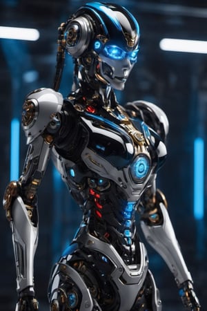Best quality, masterpiece, ultra high res, (photorealistic:1.37), raw photo, (wide angle shots:1.37), (full body shots:1.38), (1girl:1.38), (hi-tech mechanical make face with blue neon light eyes:1.35), futuristic female cyborg with a tincture for her nose wearing a metral mask, white metallic body, hi-tech biometric glowing,  ((big breast size:1.35)), (black and white metallic color otherwoeldly features and cutting-edge technology:1.35), teats、cyberpunked、Ultra-shiny ultra-hard Transformers cyborg body、((neon light translucent from join:1.34)), (Storing weapons in the body:1.33)、black and red ratio ratio、face perfect, cleavage showing Superhero costume with intricate details, sensual pose, dynamic lighting, in the dark, deep shadow, low key, Tied waist、Colossal tits、(Ultra-shiny black and white colored titanium cyborg body covering the body:1.5)、((machine made joints:1.33)), ((machanical limbs)), ((mechanical cervial attaching to neck)), (wires and cables attaching to neck:1.33), (wires and cables on head:1.33), (character focus), science fiction, extreme detailed, highest detailed, perfect foot、perfect hand、Clean facial skin, A futuristic, depth of fields, reflective light, retinas, , awardwinning, hight resolution, cinematic image, battelfield background, \,Movie Still,DonMPl4sm4T3chXL ,Skull Head