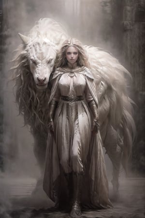 4k Quality, photograph Quality,masterpiece, curly , slim, visible ribs,masterpiece, (1female white centaurs:1.5), beautiful big green eyes, ultra detail face, long wavy hair in the air, cool pose, 1white wolf, ferocious white wolf, wearing red cloak with royal pattern, naked, royal pattern long gloves,  natural breast, sagging breast, spread sagging breast on both side, hourglass body, wide hip, big round hip, perfect long legs, beautiful long legs, shoulder armor, arms armor, legs armor, head armor, long cloak, ultra detailed skin, perfect skin texture,  perfect human feet, cool face, extremely realistic details, ultra white shinny skin color, perfect human hands, the top of the snow hill background, heavy foggy environment, ,4rmorbre4k,spartanarmor,High detailed,