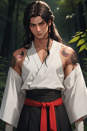 masterpiece, best quality, extremely detail CG unity 8k wallpaper, cool eyes and detailed character  , (golden katana), gold sword, ((traditional samurai outfit)), bleu outfit, adult, scar on the jaw, male, (dark skin tone), Japanese tatoo on shoulder, bandage throughout the waist, tori in a forest in the background red , black_hair , long_hair , white_skin