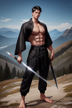 A man with a beautiful face while showing his abs and wearing a black joggers standing on a mountain with a katana on his waist while his long blood like black rair reaching his waist , kimono , swordgolden

Showing mountain view as background 