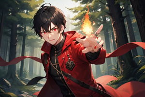 a guy with black hair,red coat with adventure guild logo,glowing red eye,red eye,fire magic imbued on his hand,middle of forest