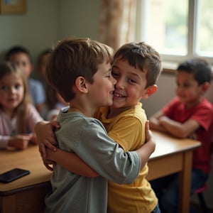 11 YEARS OLD, open shirt, A tender moment captured in a warm and cozy classroom setting. A small boy, surrounded by (((LITTLE KIDS))), hesitantly opens his arms to receive a loving hug from his brother, the only one who knows how to make him feel safe and understood. The soft lighting casts a gentle glow on their joyful reunion, while the composition emphasizes the intimacy of the moment, with the family bond at its core.