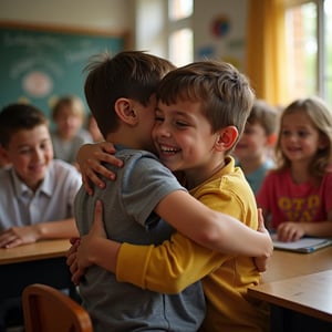 11 YEARS OLD, open shirt, A tender moment captured in a warm and cozy classroom setting. A small boy, surrounded by (((LITTLE KIDS))), hesitantly opens his arms to receive a loving hug from his brother, the only one who knows how to make him feel safe and understood. The soft lighting casts a gentle glow on their joyful reunion, while the composition emphasizes the intimacy of the moment, with the family bond at its core.