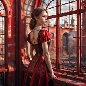 A hyper realistic young Russian girl in a red-black dress viewing the outside
world, a dusty lane in front of the centre, through the iron rods of a window ((window)) ((realistic)) (((high resolution))),EpicSky,lofi,xxmix_girl,3d style,HZ Steampunk