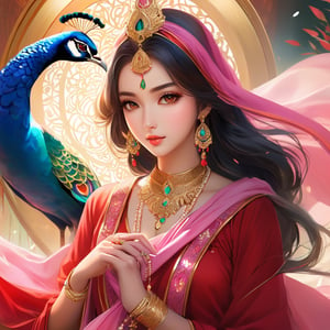 a woman in a red dress with gold jewelry and a pink scarf, arabian art, anime fantasy artwork, arabian princess, anime thai girl, anime fantasy illustration, cgsociety 9, indian girl with fair skin, beautiful anime portrait, ”beautiful anime woman, wlop rossdraws, indian goddess, holding a peacock feather as a memory of her beloved one, anime painting, anime woman fullbody art, anime picture, japanese anime artist drawn, Cute adorable mystic goddess,photo r3al