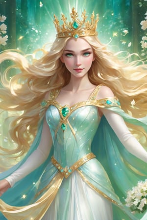 ((A beautiful and ethereal princess with flowing golden hair, adorned in a regal gown made of shimmering fabric that cascades to the floor. Her skin is porcelain-white, radiating an otherworldly glow. She is surrounded by a soft halo of delicate pastel-colored flowers that seem to dance in the air around her. The princess holds a majestic scepter in her hand, embedded with rare gemstones that sparkle with every movement. Her eyes reflect wisdom and compassion, while her gentle smile exudes grace and elegance.)) She has green eyes, she wears a crown on her head, she has a beautiful throne to sit
