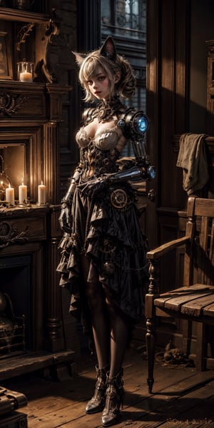 Steampunk  Girl,  Robotcat, in a candle lit room 