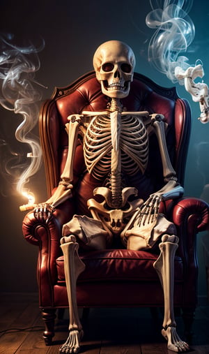 A full size human skeleton holding ciggarette in hand, (((smoking))),sitting on a devil throne, wide angle view, smoky background (((skeleton))) ((full size)), neon light in background,Germany Male