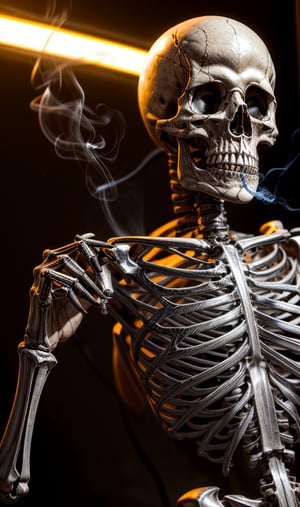 A human skeleton smoking cigarettes in as human way, smoky background (((skeleton))) , neon light in background