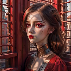 A hyper realistic young Russian girl, detailed eyes, detailed lips, in a red-black dress viewing the outside
world, a dusty lane in front of the centre, through the iron rods of a window, extremely detailed face, ((window)) ((realistic)) (((high resolution))),EpicSky,lofi,xxmix_girl,3d style,HZ Steampunk,lofi style