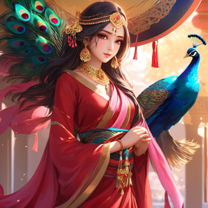 a woman in a red dress with gold jewelry and a pink scarf, arabian art, anime fantasy artwork, arabian princess, anime thai girl, anime fantasy illustration, cgsociety 9, indian girl with fair skin, beautiful anime portrait, ”beautiful anime woman, wlop rossdraws, indian goddess, holding a peacock feather as a memory of her beloved one, anime painting, anime woman fullbody art, anime picture, japanese anime artist drawn, Cute adorable mystic goddess,photo r3al