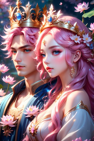 A man with a prince crown on head and a woman with pink hair and a crown on her head, beautiful fantasy art portrait, lotus floral crown girl, beautiful fantasy portrait, by Lü Ji, anime fantasy artwork, beautiful anime portrait, by Ross Tran, korean art nouveau anime, gorgeous digital art, stunning anime face portrait, cgsociety 9, goddess art, very beautiful fantasy art, ((1girl, 1boy)) fairy cgsociety