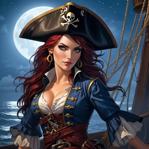 ((Highest picture quality)), (Prioritizing the exceptional image quality and astonishing level of detail), generate an awe-inspiring (photorealistic:1.1) a female pirate, pirate flag, night, moonlight, artwork portrait, adam hughes, erotic,Movie Still,Film Still,4nime style,greg rutkowski