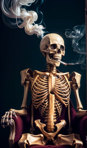 A full size human skeleton holding ciggarette in hand, (((smoking))),sitting on a devil throne, wide angle view, smoky background (((skeleton))) ((full size)), neon light in background,Germany Male