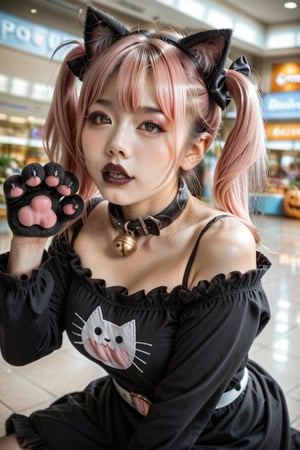 zPDXLrl, zPDXL3, zPDXLXXX, detailxl,
source_realistic,
source_real,
score_9,
score_8_up,
score_7_up,
rating_explicit,
(Photo realistic),
Master piece,
Detailed background,
Detailed eyes,

Pink hair,
Twin tails,
Dark lipstick,
Dark eyeshadow,
Brown eyes,
Black nail polish,

Momoko is in a Halloween mall,

Momoko wears a black cat costume,
Sweater dress, cat collar with bell, cat ears, cat tail, (gloves), (boots with paw pads), wide belt,

She is lying on a huge pumpkin,
(hand up), cute cat pose,
bending over, side view,
Open mouth 
