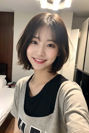 (8k,  best quality,  masterpiece,  ultra high res,  highly detail face:1.3),  portrait,  (20 years old girl:1.3),  beautiful,  kawaii,  (very wide shot :1.2),  (short hair :1.3),  dark hair,  ((bob)),  clothes,  from front,  (smile :1.2), sweat ,  (morning:1.3), on the bed,  jmf,  jml, 