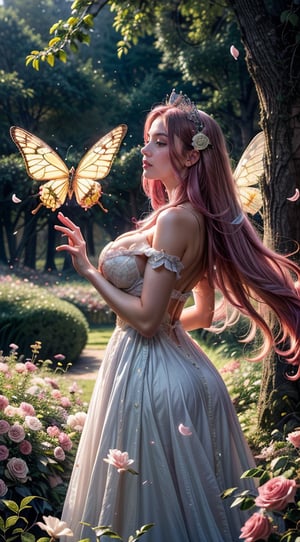 looking away, beautiful profile. In a whimsical, dreamlike setting, the pink-haired and eyed princess wears a white rose-themed gown, her long hair flowing gently behind her. A soft, magical glow illuminates her delicate features as she stands in the midst of an enchanted forest, surrounded by glowing flowers and fluttering butterfly accessories. Delicate butterfly wings sprout from her crown, and a gentle breeze rustles the petals of an enchanting rose at her feet. Fairytale castles cast majestic shadows in the distance, and magical creatures frolic in the whimsical landscape. Ethereal beauty emerges from this masterpiece of fantastical art, crafted with ultra-fine precision by Angela White. pit, thin, illustration,angelawhite,BreastPit
