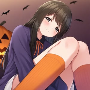 1girl, solo, tareme, long hair, casual, kneehighs, smug, halloween, masterpiece, best quality, absurdres