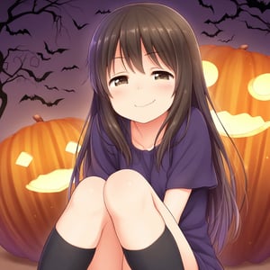 1girl, solo, tareme, long hair, casual, kneehighs, smug, halloween, masterpiece, best quality, absurdres