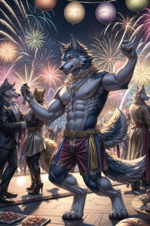 sciamano240, soft shading, anthro_wolf, anthrofur, #bye2023, #newyear, Wolf celebrating at a very happy New Year's Eve party