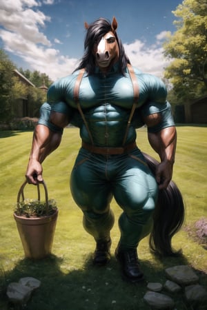 ((cutting grass)), extremely muscular anthropomorphic horse working as a gardener, bodybuilder,gardener suit , flying_sweatdrop,nsfw,e621,phenomenal photography,wide angle,8k,epic,est quality, good quality, sciamano240, soft shading, solo_focus