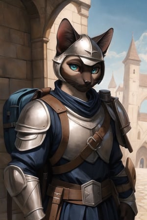 (perfect fur),(perfect eyes),(beautiful hands),(Hands:1.1),better_hands,Siamese cat,FurryCore,medieval,anthropomorphic Siamese cat with cream-colored fur and dark brown face,green-eyes,light armor made of dark blue and brown leather,open medieval helmet,medieval travel backpack,((face with dark brown fur))