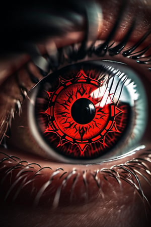 A realistic photograph of the Sharingan eye in the style of the Naruto manga, with sharp and detailed pupils