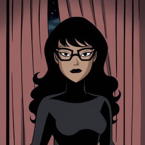 Dcaustyle, DC, masterpiece, best quality, ultra detailed, 1 woman, highly detailed, perfect face, black wavy hair, black eyes (perfect female body), glasses, shullet, mullet_hair. dark city, sexy, soft lips, curtain bangs, sexy pose