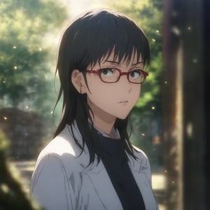 masterpiece, best quality, ultra detailed, 1woman, highly detailed, perfect face,  black  hair, black eyes,(perfect female body), glasses, . particles in the environment, perfect lighting.  ,jujutsu_kaisen_style