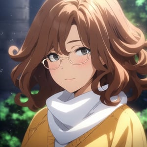 masterpiece, best quality, ultra detailed, 1woman, highly detailed, perfect face, long  brown curly hair, black eyes,(perfect female body), glasses, . particles in the environment, perfect lighting.  score_9,boku_no_hero_academia_style,