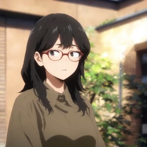 masterpiece, best quality, ultra detailed, 1woman, highly detailed, perfect face,  black  hair, black eyes,(perfect female body), glasses, . particles in the environment, perfect lighting.  score_9,boku_no_hero_academia_style,
