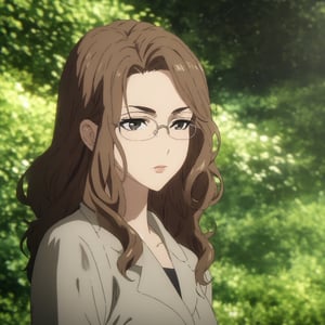 masterpiece, best quality, ultra detailed, 1woman, highly detailed, perfect face, long brown curly hair, black eyes,(perfect female body), glasses, . particles in the environment, perfect lighting.  score_9, ,DC