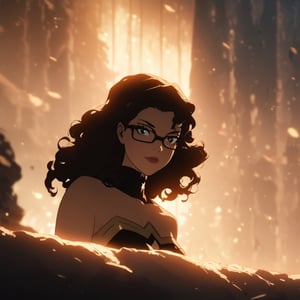 masterpiece, best quality, ultra detailed, 1woman, highly detailed, perfect face, long brown curly hair, black eyes,(perfect female body), glasses, . particles in the environment, perfect lighting, ,DC,wonderwoman