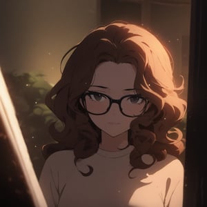 masterpiece, best quality, ultra detailed, 1woman, highly detailed, perfect face, long brown curly hair, black eyes,(perfect female body), glasses, . particles in the environment, perfect lighting.  score_9, ,DC