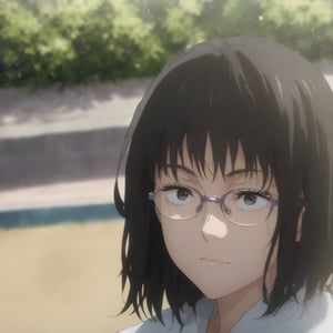 masterpiece, best quality, ultra detailed, 1woman, highly detailed, perfect face,  black  hair, black eyes,(perfect female body), glasses, . particles in the environment, perfect lighting.  ,jujutsu_kaisen_style