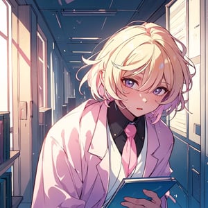 masterpiece, best quality, ultra detailed, 1 old woman, very detailed, perfect face, short hair, semi blonde pastel pink hair, pink eyes (perfect female body), wearing a white lab coat, diligent student, messy hair, carrying books and chemicals, walking through the dark hallway of a university, dark environments, little light
