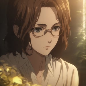 masterpiece, best quality, ultra detailed, 1woman, highly detailed, perfect face, long brown curly hair, black eyes,(perfect female body), glasses, . particles in the environment, perfect lighting.  score_9,shingeki_no_kyojin_s4_style