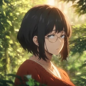 masterpiece, best quality, ultra detailed, 1woman, highly detailed, perfect face,  black  hair, black eyes,(perfect female body), glasses, . particles in the environment, perfect lighting.  score_9,boku_no_hero_academia_style,