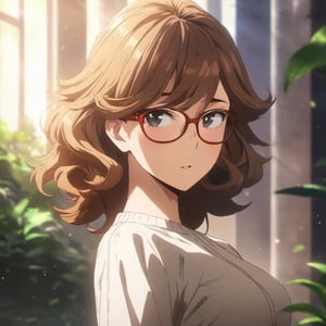 masterpiece, best quality, ultra detailed, 1woman, highly detailed, perfect face, long  brown curly hair, black eyes,(perfect female body), glasses, . particles in the environment, perfect lighting.  score_9,boku_no_hero_academia_style,