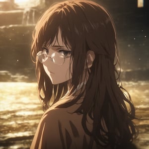 masterpiece, best quality, ultra detailed, 1woman, highly detailed, perfect face, long brown curly hair, black eyes,(perfect female body), glasses, . particles in the environment, perfect lighting.  score_9,shingeki_no_kyojin_s4_style